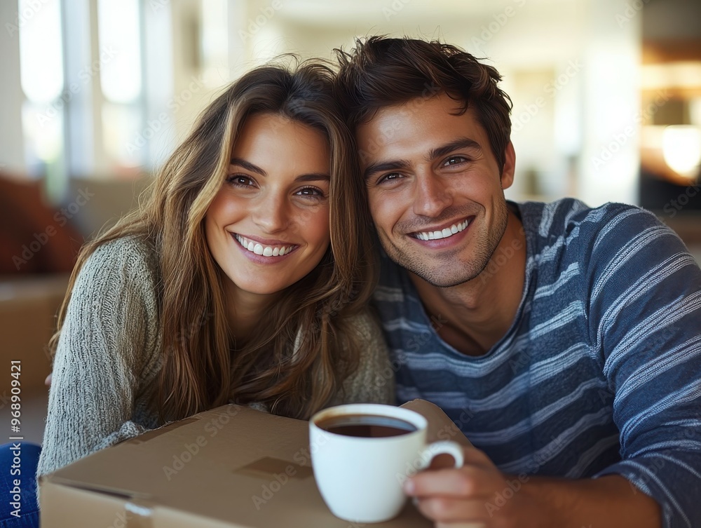 A young couple sitting on the floor of their new home, leaning back on moving boxes, sharing a cup of coffee while smiling and unwinding from the busy day of moving A young couple sitting on the floor of their new home, leaning back on moving boxes, sharing a cup of coffee while smiling and unwinding from the busy day of moving
