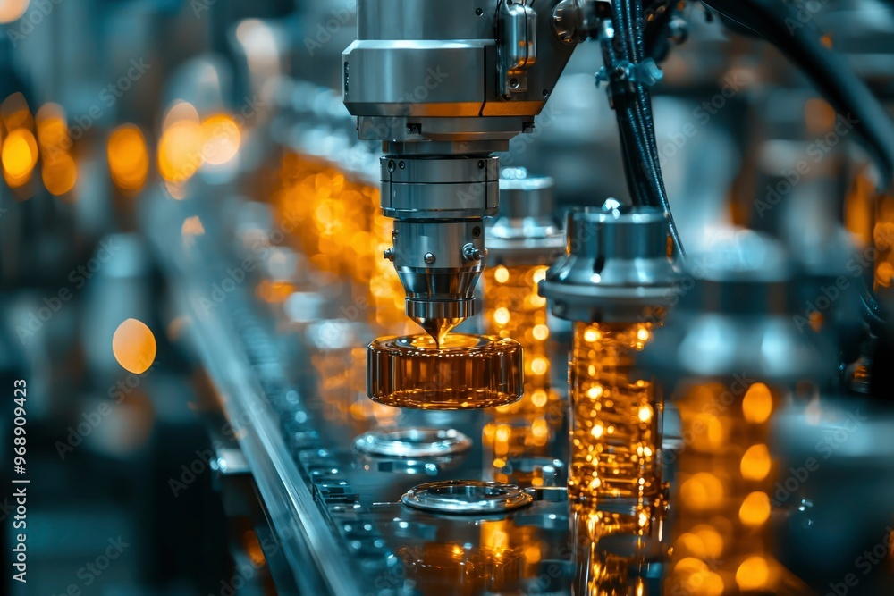 Industrial Robotic Arm Filling Bottles on a Conveyor Belt Industrial Robotic Arm Filling Bottles on a Conveyor Belt