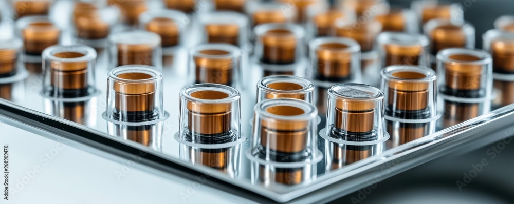 Coffee capsules on a mirrored surface, reflections creating a symmetrical effect Coffee capsules on a mirrored surface, reflections creating a symmetrical effect