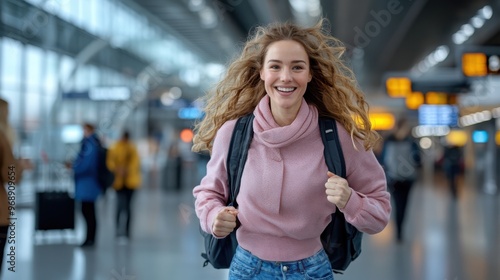 A woman with curly hair is smiling and running in an airport terminal wearing a pink sweater, with a blurred background of travelers and terminal signs, radiating excitement.