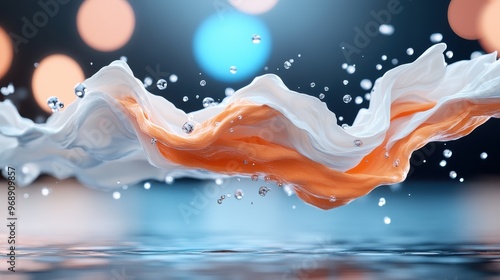 A visually striking abstract image showing the interplay of fabric and water in mid-air, creating a sense of movement, fluidity, and artistic expression with vibrant lighting.