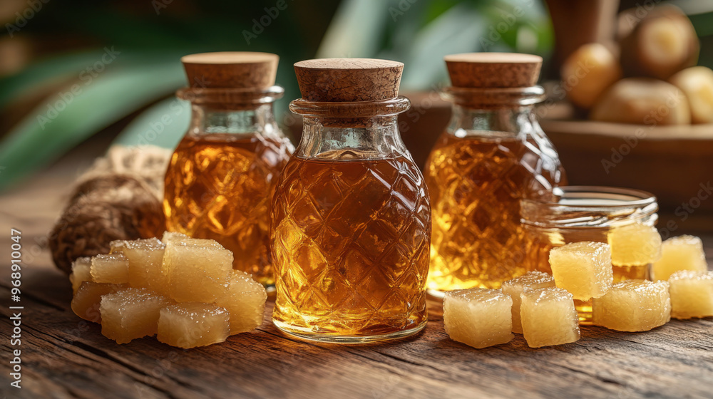 Three elegant bottles filled with golden sugarcane syrup are showcased alongside sugar cubes Three elegant bottles filled with golden sugarcane syrup are showcased alongside sugar cubes