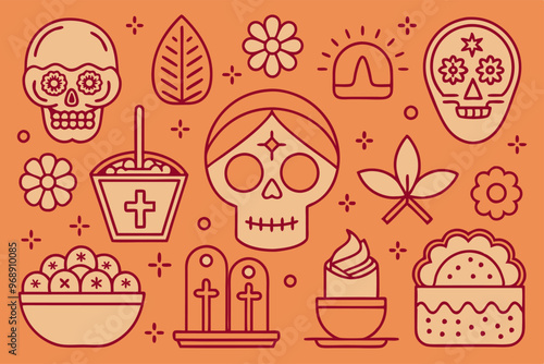 Dia de muertos outline icons set for celebration design