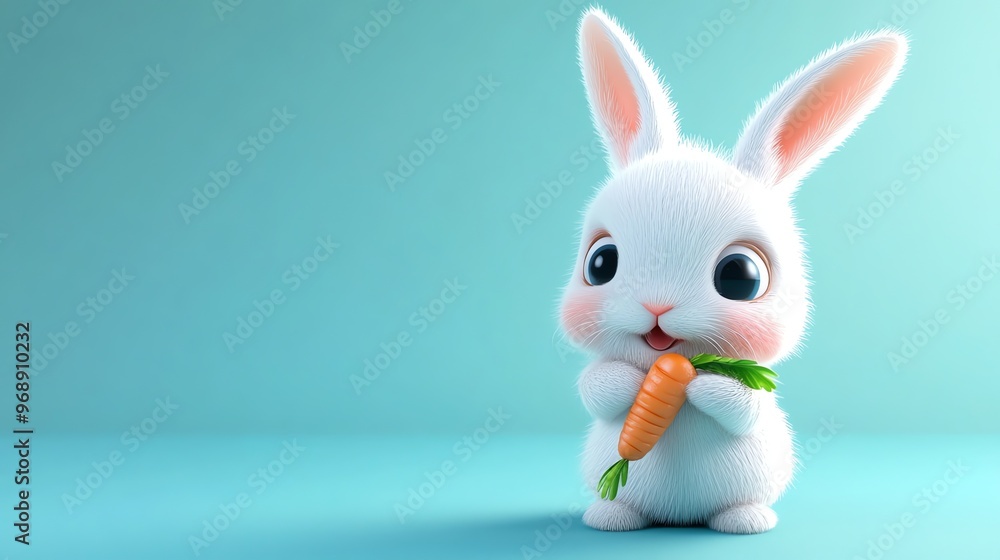 Fototapeta premium A cute white bunny with big blue eyes is holding a carrot.