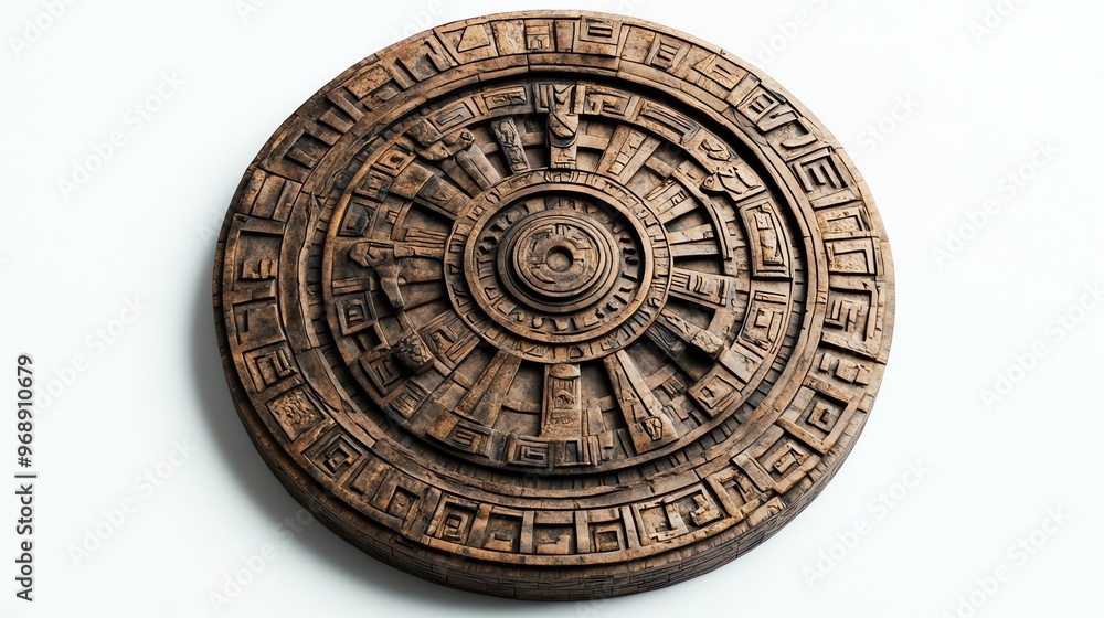 Fototapeta premium A close-up of a round, wooden carving, possibly an ancient calendar or clock.