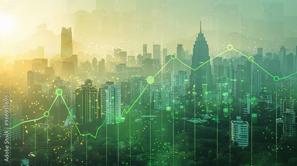 Obraz premium Modern city skyline with growth graph overlay, symbolizing urban development and economic progress in a vibrant environment.