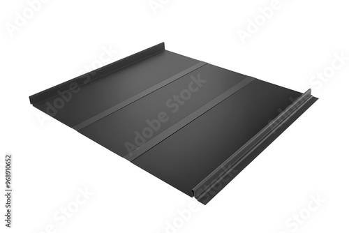 Black retro roof panel with standing seam and fasteners. Modern galvanized steel roofing sheet with ribs isolated on white background. Falz roofing. Classic style black metal panel with rebate joint