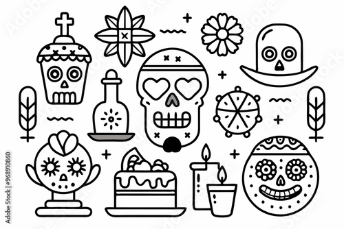 Dia de muertos celebration icons set featuring skulls, flowers, and candles for decoration and design