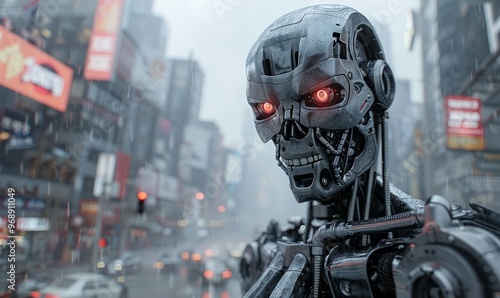 photorealistic action photo of an AI terminator looking robot in a city