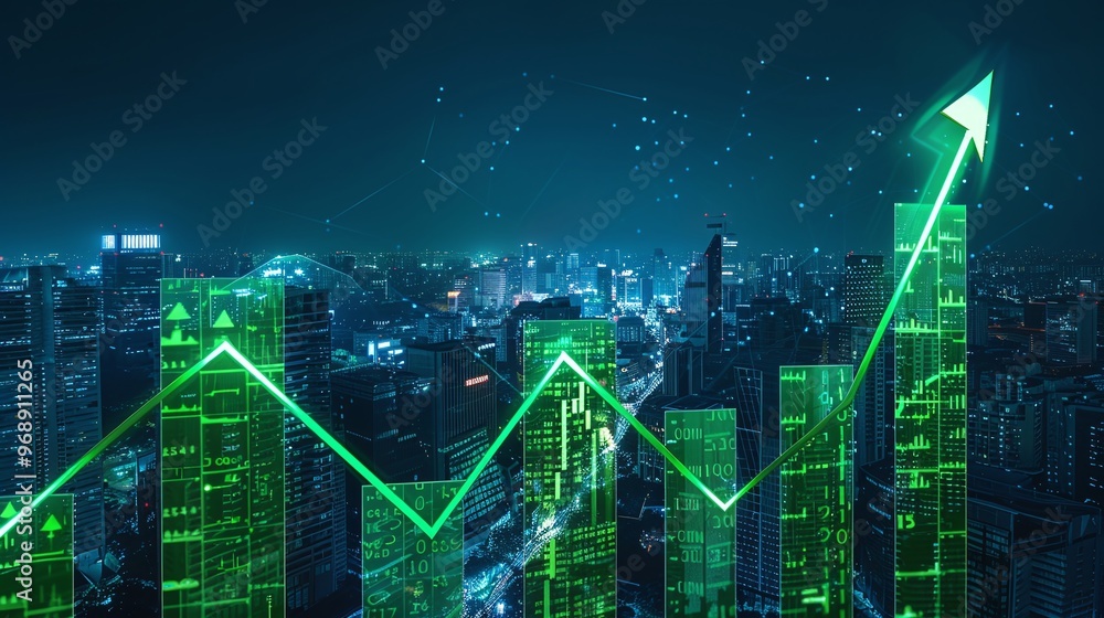 Vibrant city skyline with digital growth chart, showcasing progress and future potential in finance and business. Vibrant city skyline with digital growth chart, showcasing progress and future potential in finance and business.