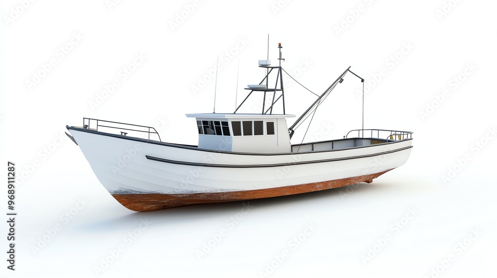 Naklejka premium A white fishing boat with a wooden bottom isolated against a white background.