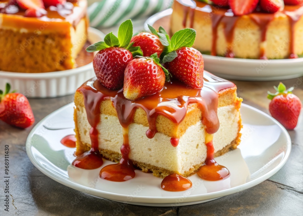 A halved strawberry-filled round cake sits on a white plate, topped with whipped cream, caramel sauce, and a strawberry garnish. A halved strawberry-filled round cake sits on a white plate, topped with whipped cream, caramel sauce, and a strawberry garnish.