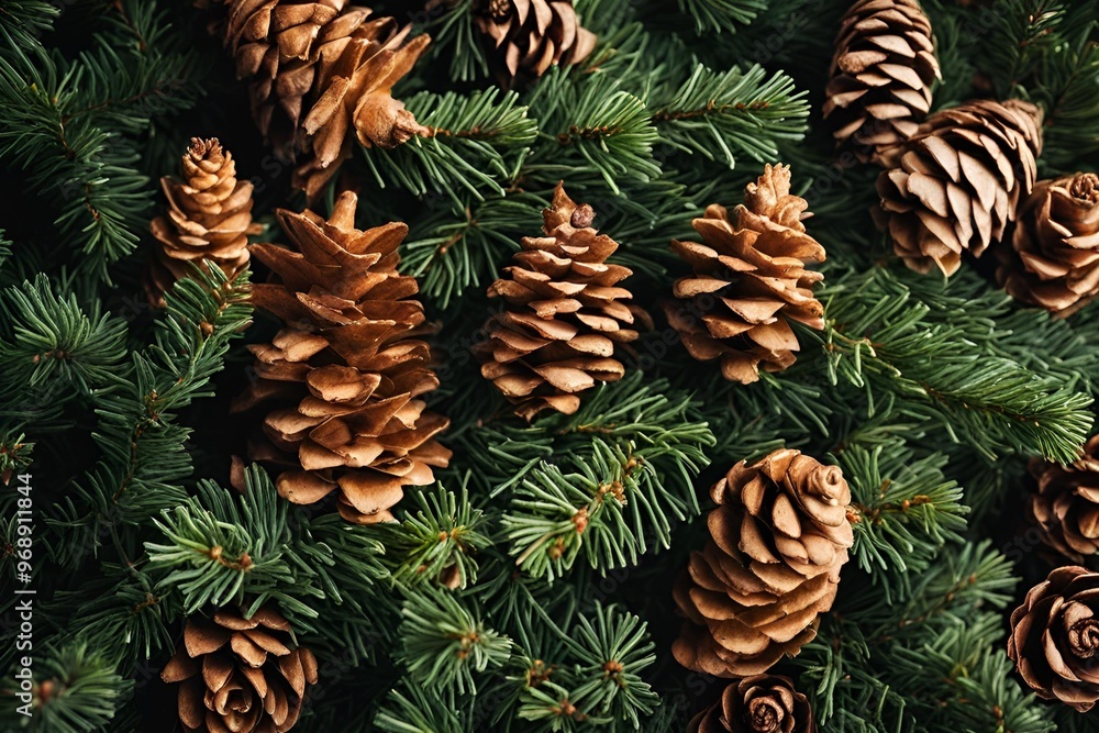a vibrant and festive arrangement of pine cones, evergreen branches, and red Christmas ornaments. a vibrant and festive arrangement of pine cones, evergreen branches, and red Christmas ornaments.