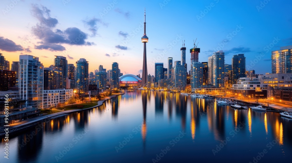 Obraz premium The Toronto skyline with the CN Tower is beautifully illuminated during the golden hour, reflecting on the peaceful water and merging urban architecture with natural beauty.