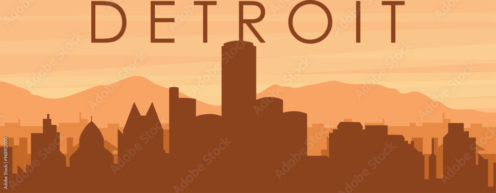 Brown panoramic poster of the city skyline with misty background buildings, sunrise, clouds and mountains of DETROIT, UNITED STATES Brown panoramic poster of the city skyline with misty background buildings, sunrise, clouds and mountains of DETROIT, UNITED STATES
