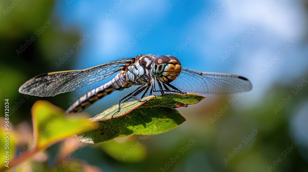 Close-up of a dragonfly resting on a green leaf, with detailed wings and body texture, captured in its natural habitat on a sunny day showcasing vibrant colors. Close-up of a dragonfly resting on a green leaf, with detailed wings and body texture, captured in its natural habitat on a sunny day showcasing vibrant colors.