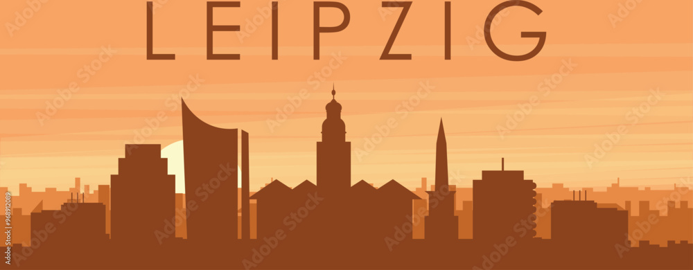 Brown panoramic poster of the city skyline with misty background buildings, sunrise, clouds and mountains of LEIPZIG, GERMANY Brown panoramic poster of the city skyline with misty background buildings, sunrise, clouds and mountains of LEIPZIG, GERMANY