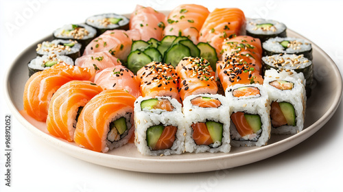 A plate of sushi rolls with...
