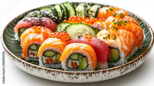 A plate of sushi rolls with...