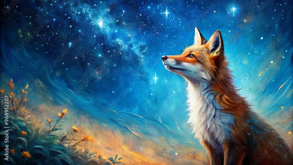 A whimsical painting of a fox gazing at the starry night sky, set against a bright blue background