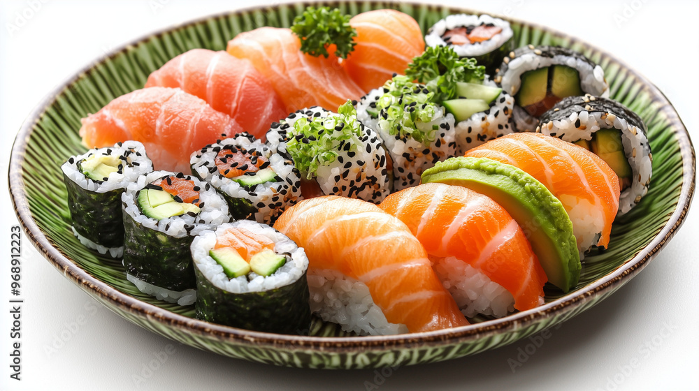 A plate of sushi rolls with various fillings, including salmon, avocado, and cucumber A plate of sushi rolls with various fillings, including salmon, avocado, and cucumber