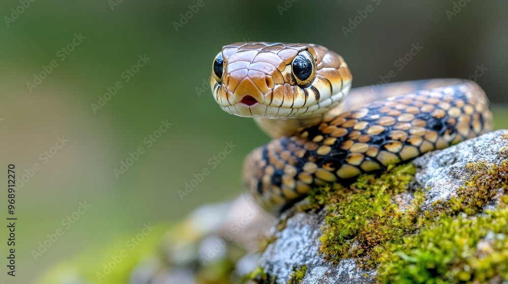 Close-up of a snake with patterned scales showing alertness, coiled on a moss-covered rock in a natural setting, indicating its awareness of the surroundings. Close-up of a snake with patterned scales showing alertness, coiled on a moss-covered rock in a natural setting, indicating its awareness of the surroundings.