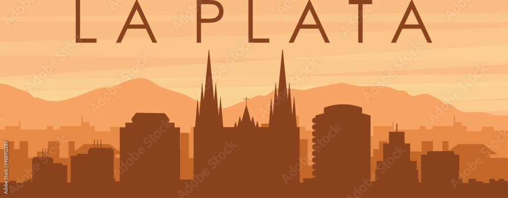 Brown panoramic poster of the city skyline with misty background buildings, sunrise, clouds and mountains of LA PLATA, ARGENTINA Brown panoramic poster of the city skyline with misty background buildings, sunrise, clouds and mountains of LA PLATA, ARGENTINA