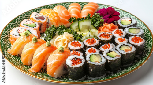 A plate of sushi rolls with...