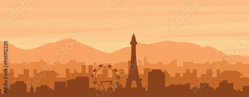 Brown panoramic poster of the city skyline with misty background buildings, sunrise, clouds and mountains of LAS VEGAS, UNITED STATES