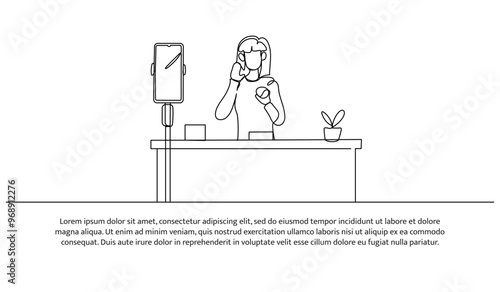 Continuous line design of a female blogger is reviewing cosmetic products. Single line decorative element drawn on white background.