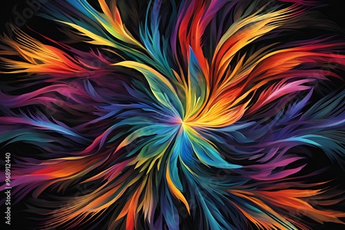 An abstract design radiating with vibrant rainbow colors resembling a burst of feather-like textures against a dark background