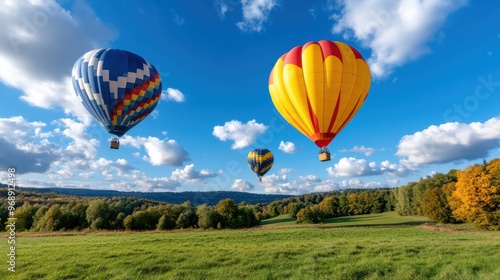 Three brightly colored hot air balloons ascend over a lush, green landscape against a backdrop of a clear blue sky, symbolizing freedom and adventure in a serene, nature-filled setting.