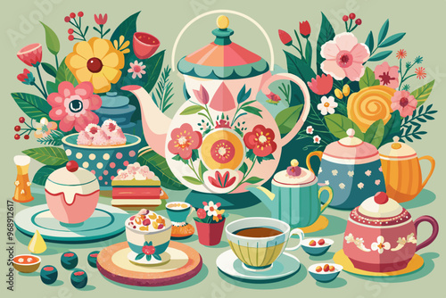 Elegant floral high tea party scene with teapots, cups, and desserts