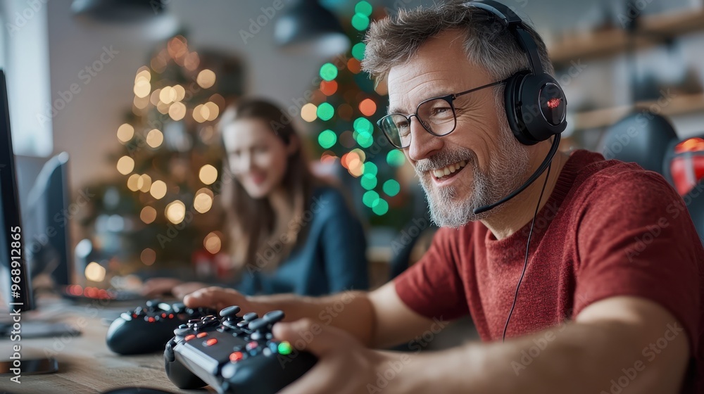 A intensly-focused man and a woman play video games with controllers indoors, sitting in a cozy environment decorated with holiday lights, showcasing modern gaming culture. A intensly-focused man and a woman play video games with controllers indoors, sitting in a cozy environment decorated with holiday lights, showcasing modern gaming culture.