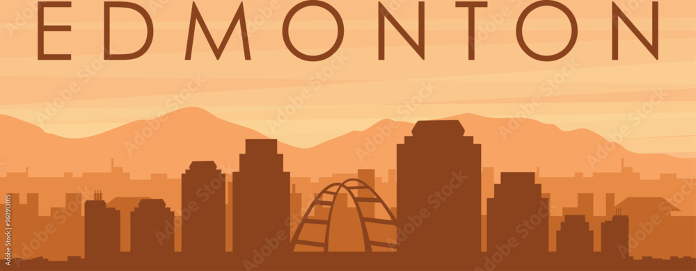 Brown panoramic poster of the city skyline with misty background buildings, sunrise, clouds and mountains of EDMONTON, CANADA Brown panoramic poster of the city skyline with misty background buildings, sunrise, clouds and mountains of EDMONTON, CANADA