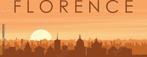 Brown panoramic poster of the city skyline with misty background buildings, sunrise, clouds and mountains of FLORENCE, ITALY