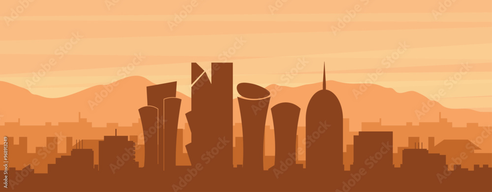 Brown panoramic poster of the city skyline with misty background buildings, sunrise, clouds and mountains of DOHA, QATAR Brown panoramic poster of the city skyline with misty background buildings, sunrise, clouds and mountains of DOHA, QATAR