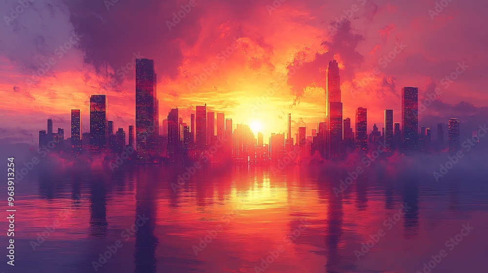 Semiabstract cityscape at sunset where skyscrapers melt into flowing lines of orange red and purple representing the fluidity of urban life Semiabstract cityscape at sunset where skyscrapers melt into flowing lines of orange red and purple representing the fluidity of urban life