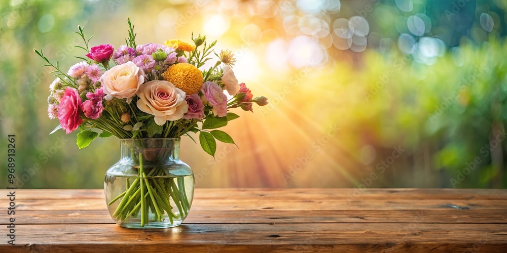 Beautiful flower arrangement in a glass vase on a wooden table Beautiful flower arrangement in a glass vase on a wooden table