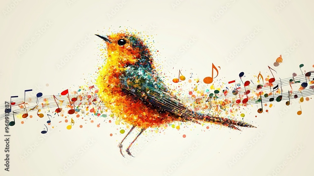 An abstract rendering of a bird with colorful feathers singing, surrounded by a vibrant array of musical notes on a light-colored backdrop, capturing a lively essence. An abstract rendering of a bird with colorful feathers singing, surrounded by a vibrant array of musical notes on a light-colored backdrop, capturing a lively essence.