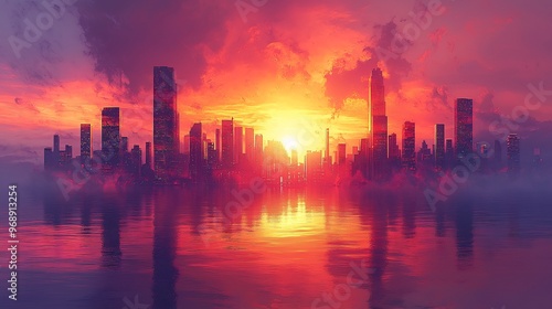 Semiabstract cityscape at sunset where skyscrapers melt into flowing lines of orange red and purple representing the fluidity of urban life