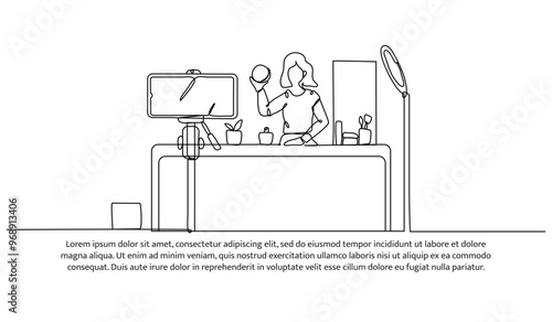 Continuous line design of a female blogger is reviewing cosmetic products. Single line decorative element drawn on white background.