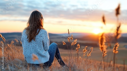 A woman in a white sweater sits on a grassy hilltop, looking at the sunset over the horizon in a tranquil rural setting, expressing contemplation and peace.