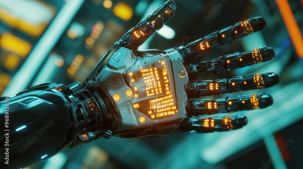a robotic hand with bright, luminescent circuits in a futuristic, high-tech setting. a robotic hand with bright, luminescent circuits in a futuristic, high-tech setting.