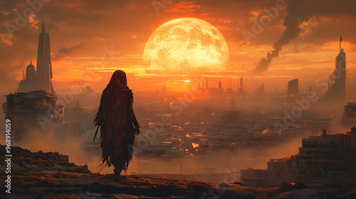dune style dystopian wallpaper art, futuristic city landscape, decay sunset, nomad survivor woman, sci-fi science fiction parallel universe planet game poster artwork, desert