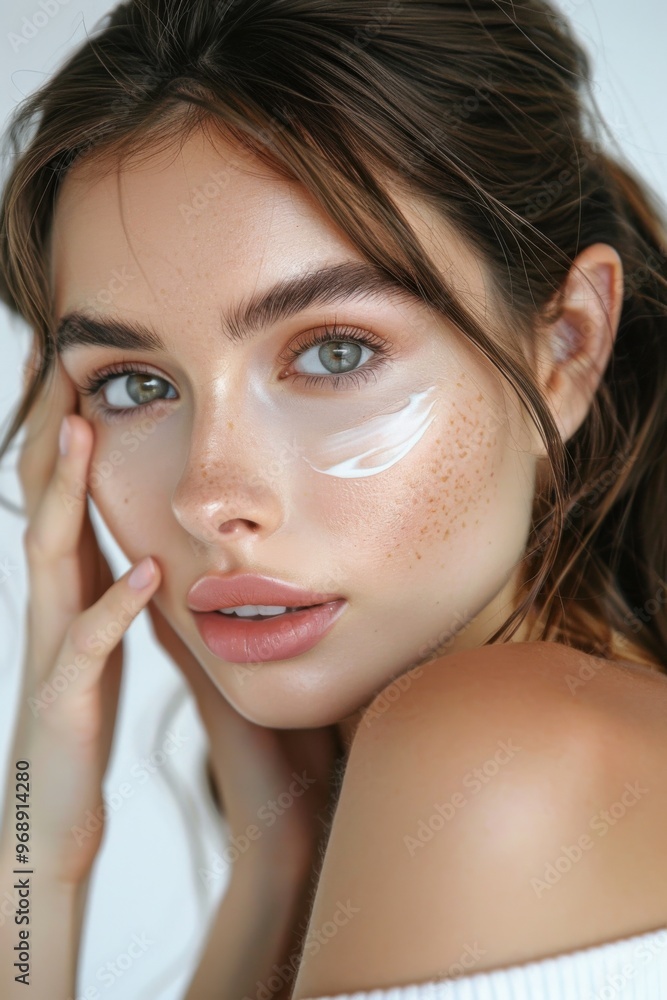 Fototapeta premium Glamorous woman applying cream on her face, luxury backdrop, promoting radiant skin, luxurious skincare moment.