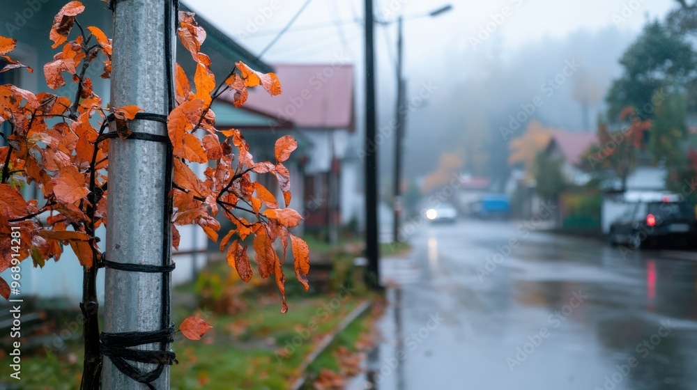 A quiet village street on a rainy day, featuring red autumn leaves adorning a pole and typical houses, creating a cozy and nostalgic ambiance. A quiet village street on a rainy day, featuring red autumn leaves adorning a pole and typical houses, creating a cozy and nostalgic ambiance.