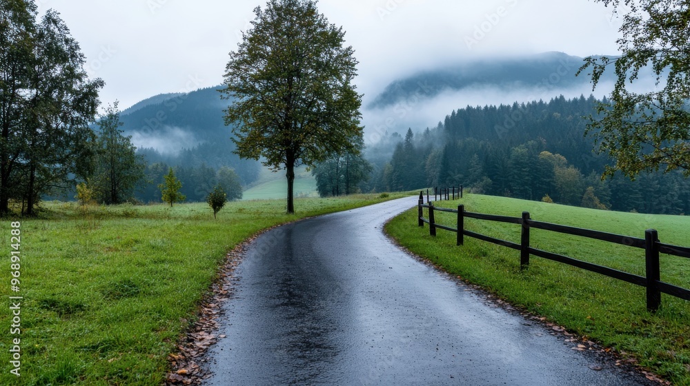 A picturesque winding road curves through a misty landscape, flanked by vibrant green fields and trees, creating a peaceful and enchanting rural scene. A picturesque winding road curves through a misty landscape, flanked by vibrant green fields and trees, creating a peaceful and enchanting rural scene.