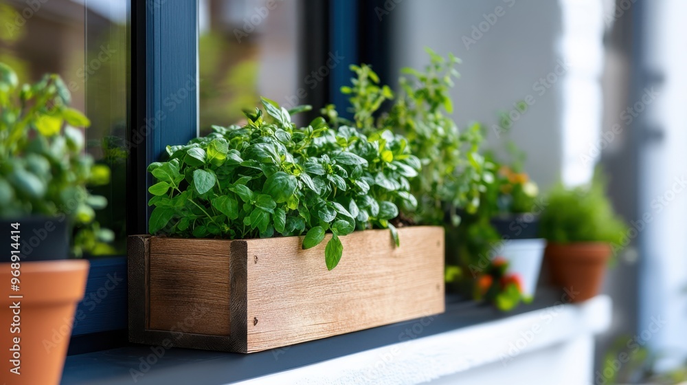 A kitchen windowsill is beautifully decorated with a lush herb garden, featuring various herb plants in clay and plastic pots, adding a touch of nature and freshness indoors. A kitchen windowsill is beautifully decorated with a lush herb garden, featuring various herb plants in clay and plastic pots, adding a touch of nature and freshness indoors.
