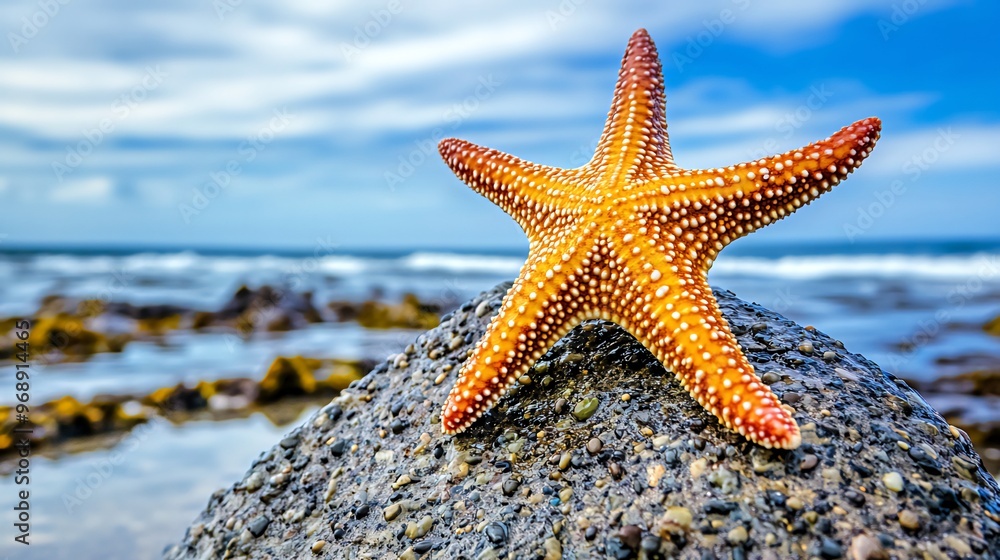A starfish perched on a rock with the ocean in the background, a sunny day. A starfish perched on a rock with the ocean in the background, a sunny day.